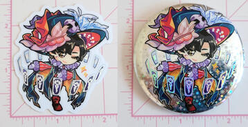 Foil sticker and badge. Printed by Vograce and Wooacry respectively.